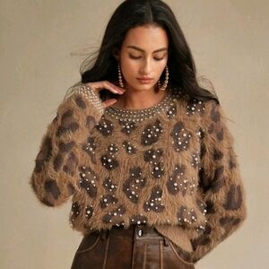 Brown Leopard Print Sweater with Pearl Accents